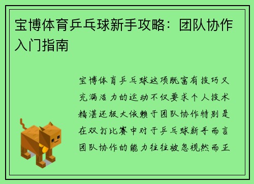 宝博体育乒乓球新手攻略：团队协作入门指南