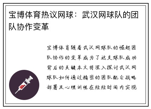 宝博体育热议网球：武汉网球队的团队协作变革