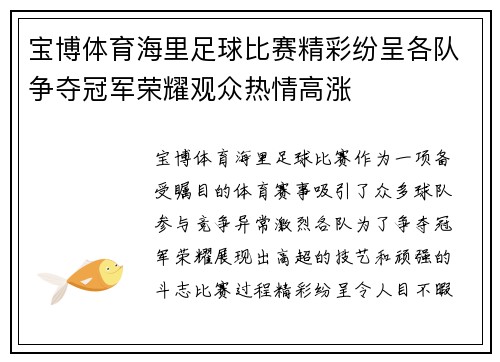 宝博体育海里足球比赛精彩纷呈各队争夺冠军荣耀观众热情高涨
