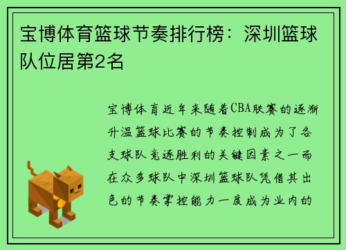 宝博体育篮球节奏排行榜：深圳篮球队位居第2名