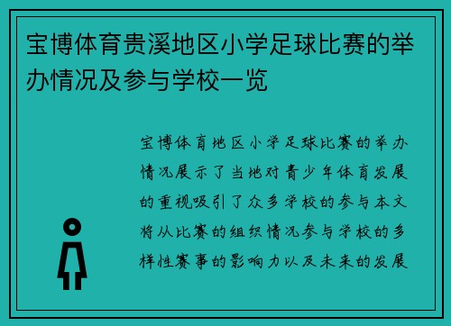 宝博体育贵溪地区小学足球比赛的举办情况及参与学校一览