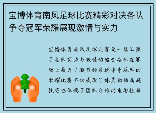 宝博体育南风足球比赛精彩对决各队争夺冠军荣耀展现激情与实力