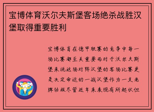 宝博体育沃尔夫斯堡客场绝杀战胜汉堡取得重要胜利